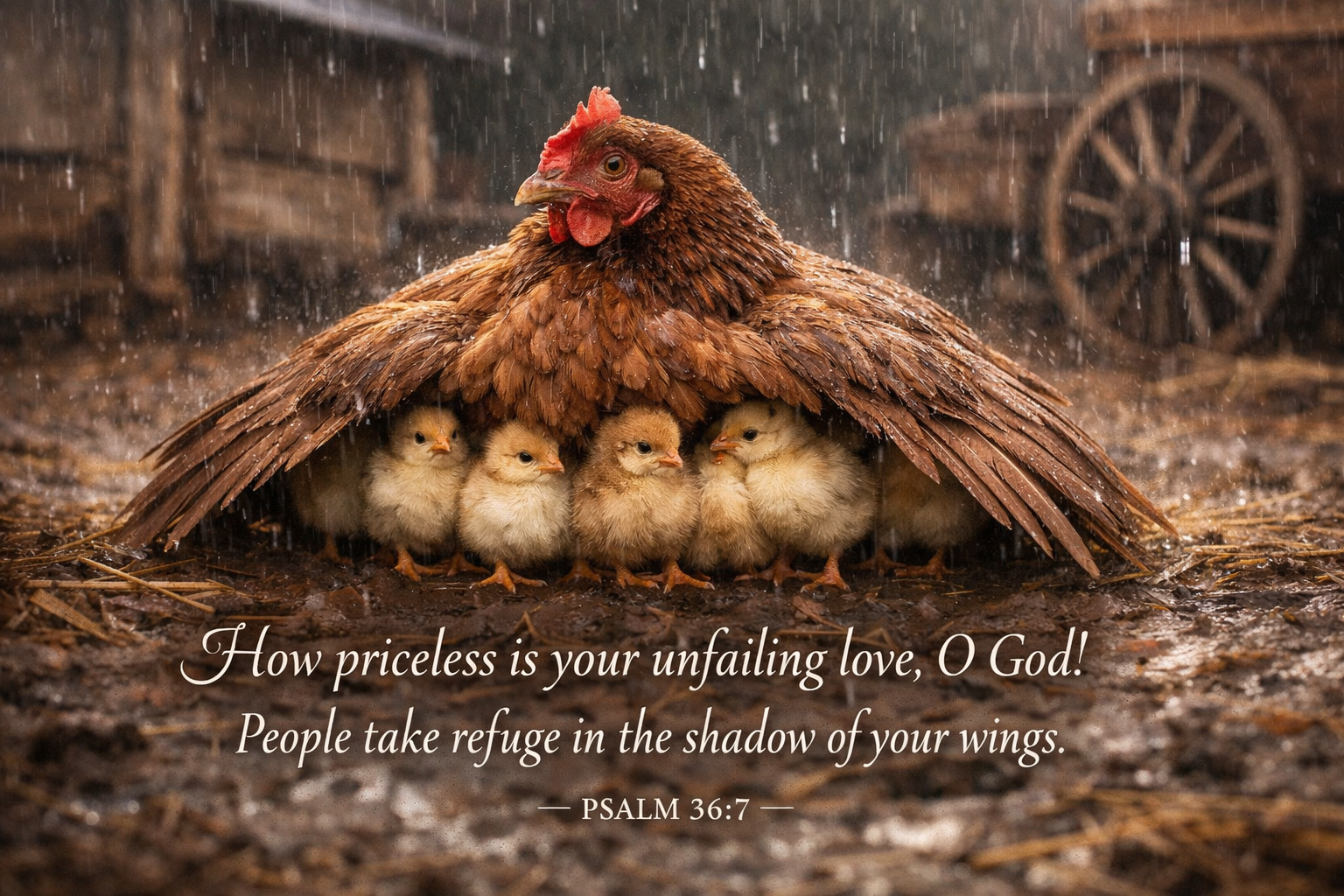 Bible verse Psalm 36:7 hen protecting chicks rain unfailing love refuge wallpaper